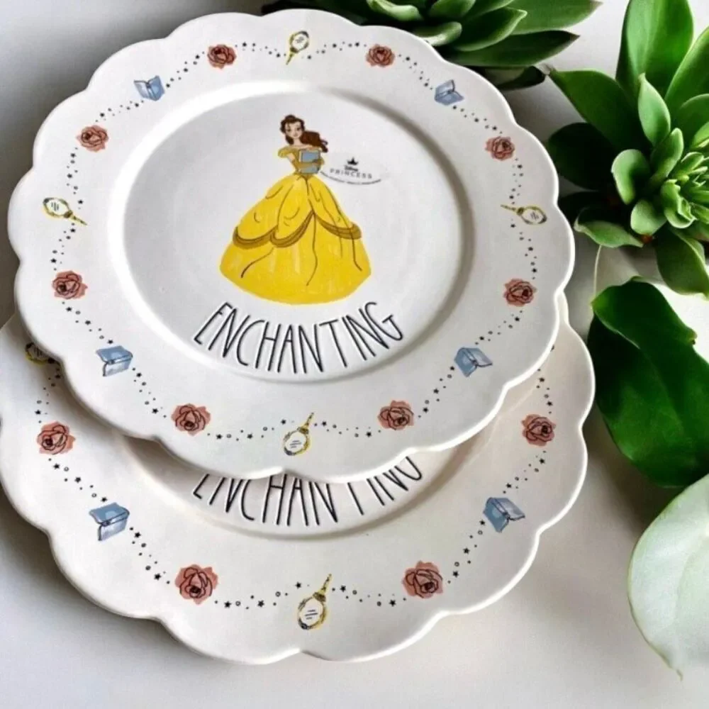 NWT Set Of 2 Rae Dunn Disney 11”Belle Enchanting Scalloped Ceramic Dinner Plates